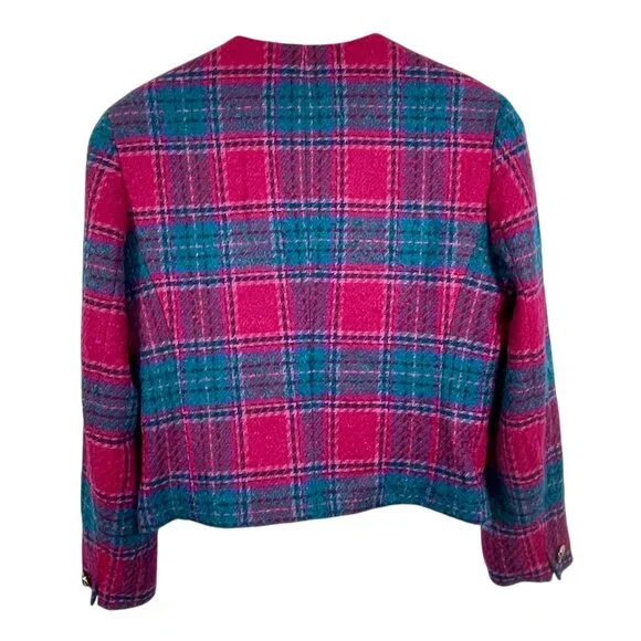 Vintage Pendleton Pink Teal Plaid Wool Cropped Jacket Jewel Buttons USA 10
